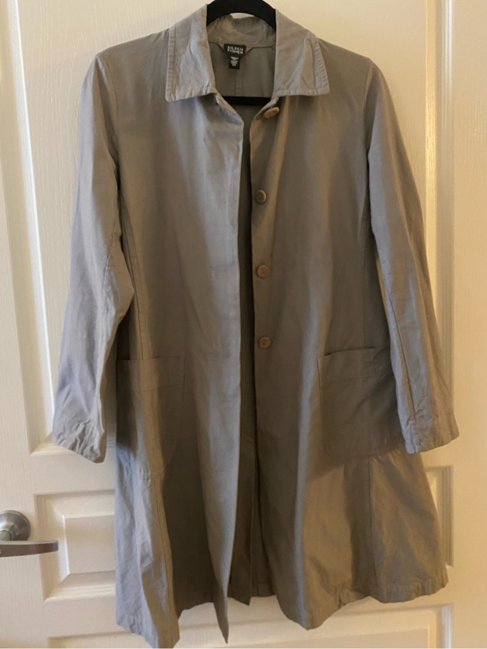 vtg EILEEN FISHER Classic Trench-Style Coat in Taupe/Neutral - XS